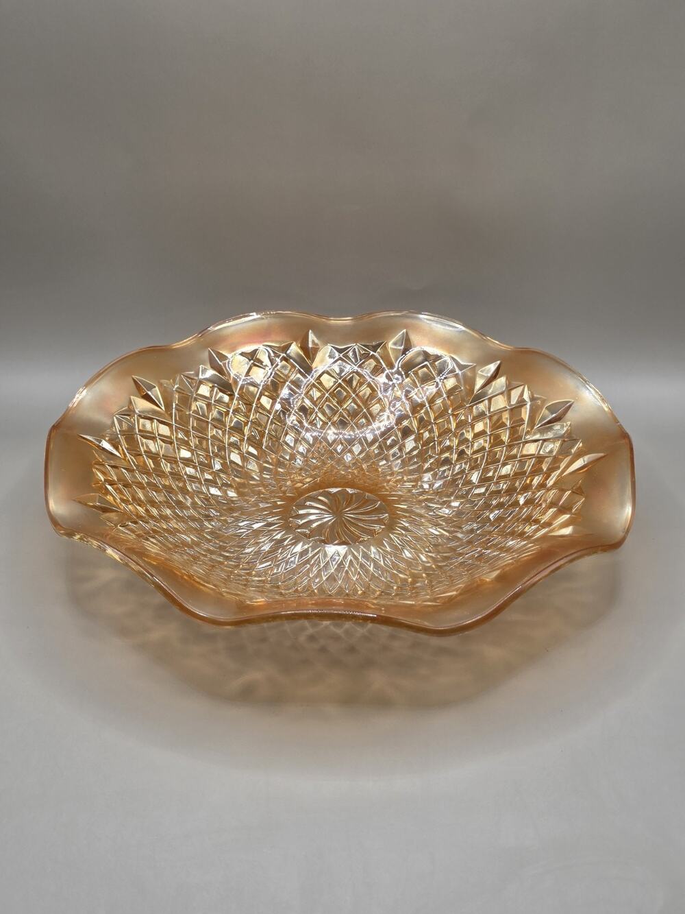Vintage Indiana Glass Marigold Carnival Glass Diamond Point Ruffled Bowl 11"